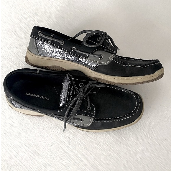 Highland Creek Black Silver Glitter Leather Boat Shoes Topsiders Like New - Picture 1 of 17